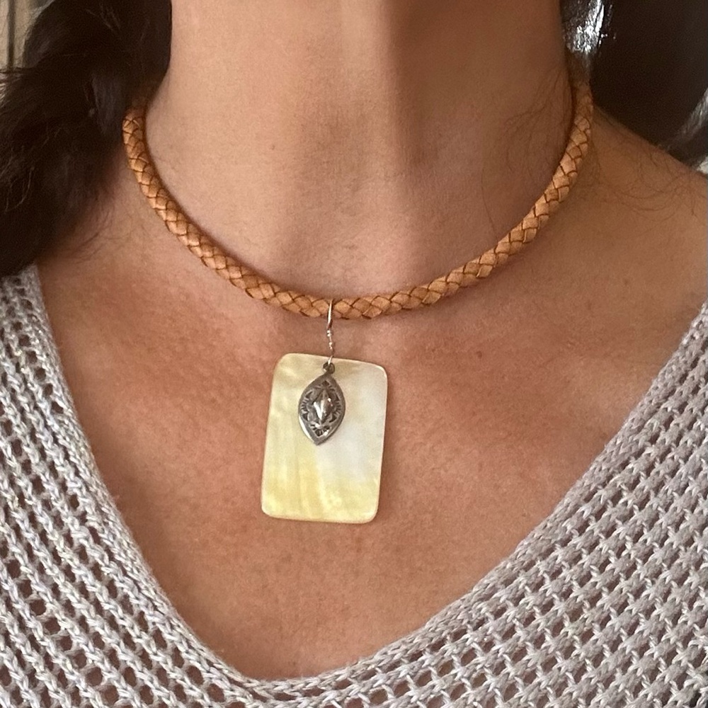Silpada Tan Braided Leather Necklace with Cream Shell Pendant